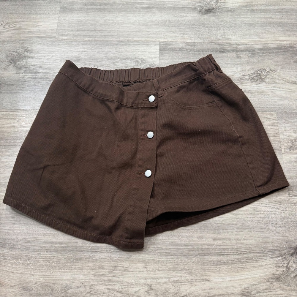 Shein Curve Brown Denim Skort Button Front Wrap Mini Skirt Shorts Plus Size 2XL